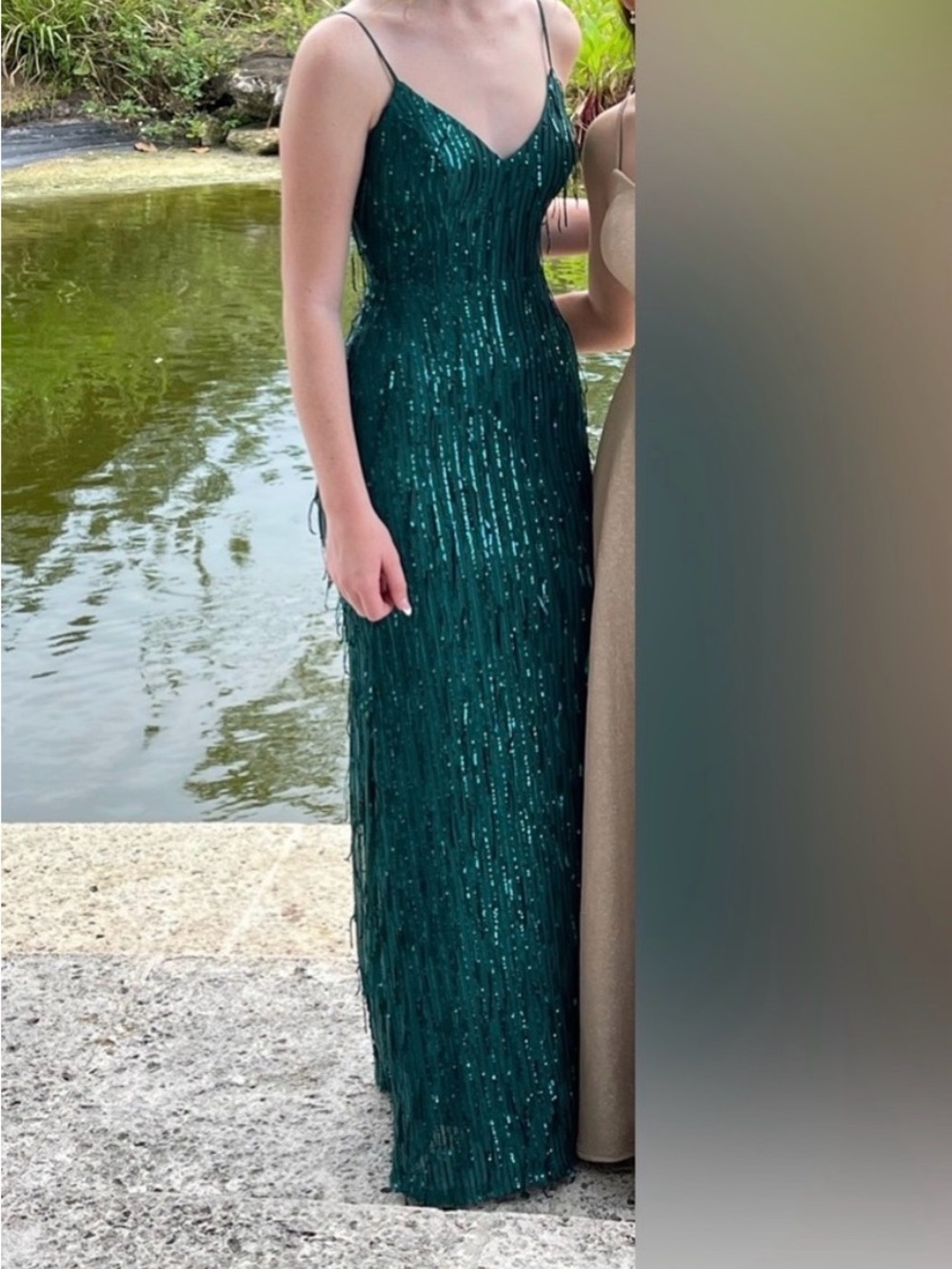 Sequin Fringe Maxi Dress in Emerald Green